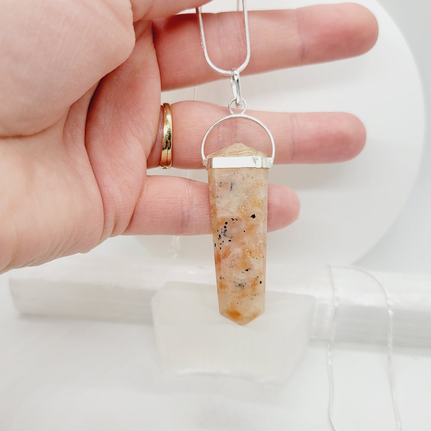 Sunstone Crystal Stone Point Necklace Silver Handmade