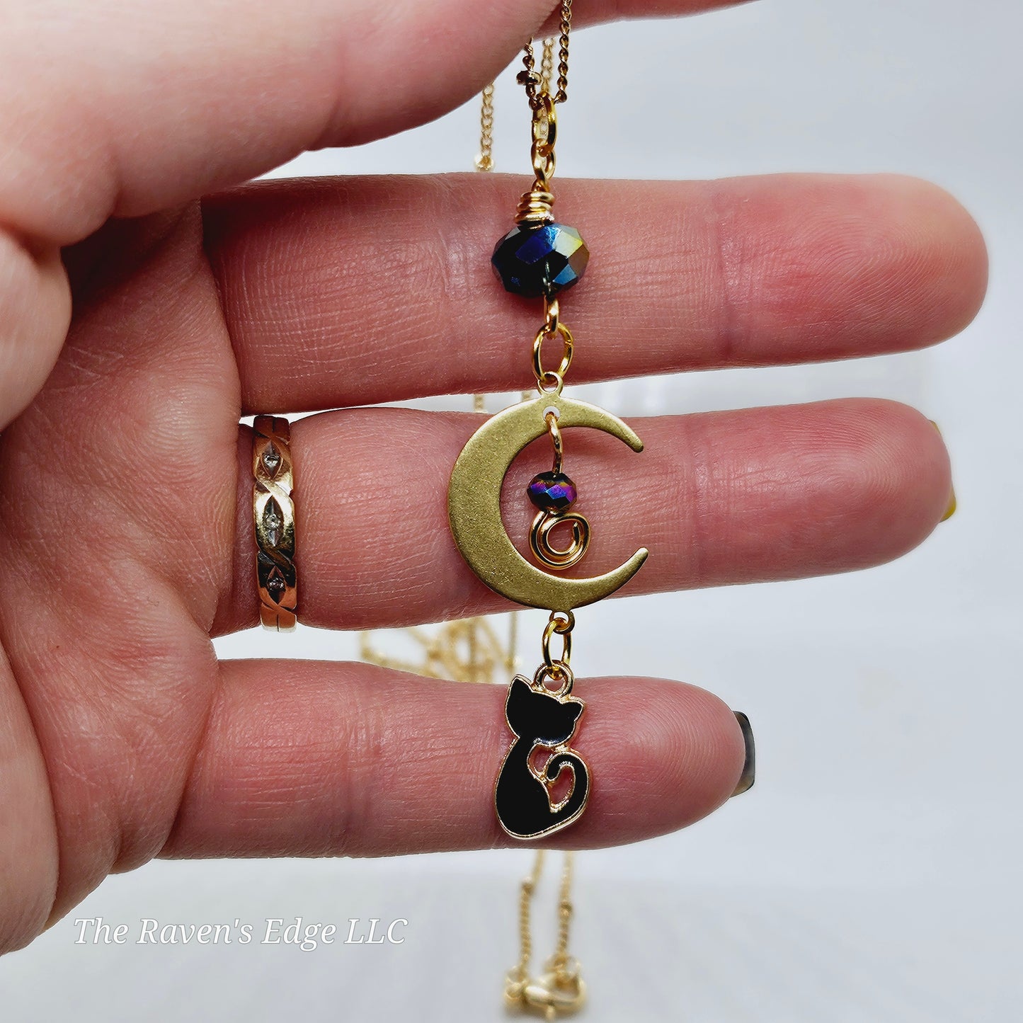 Black Cat and Moon Necklace Handmade