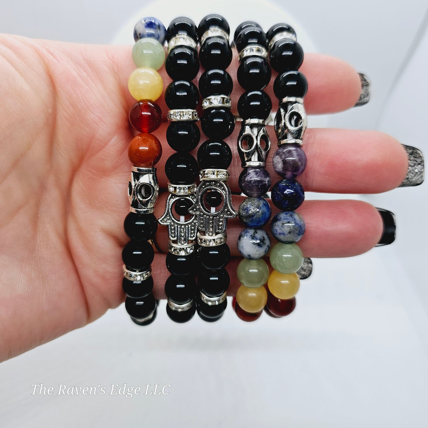 Obsidian Chakra Hamsa 8MM Beaded Bracelet