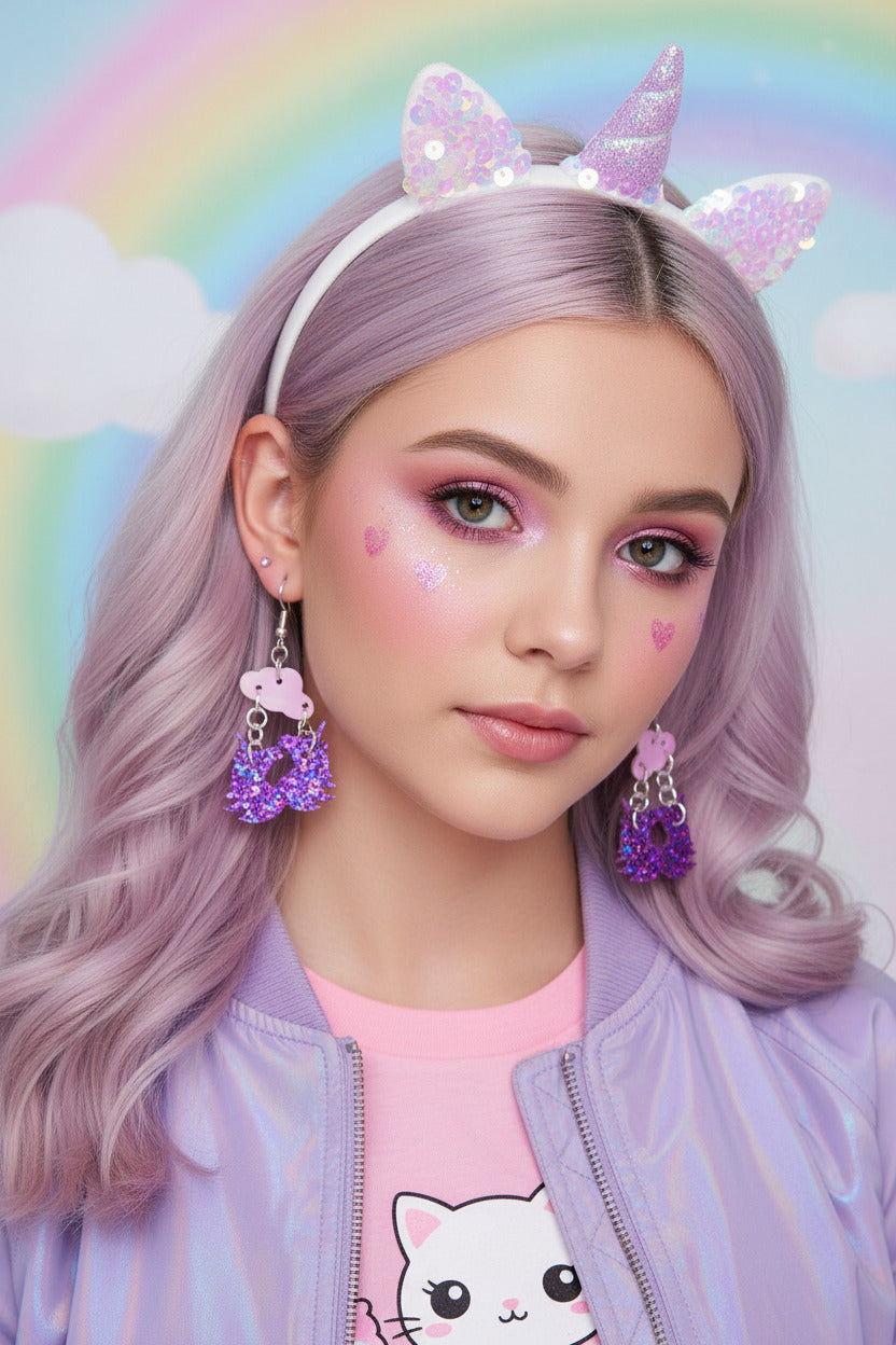 Unicorn and Cloud Dangle Earrings β Handmade Kawaii Jewelry with Sparkly Pink Unicorns & Iridescent Clouds β Magical Gift
