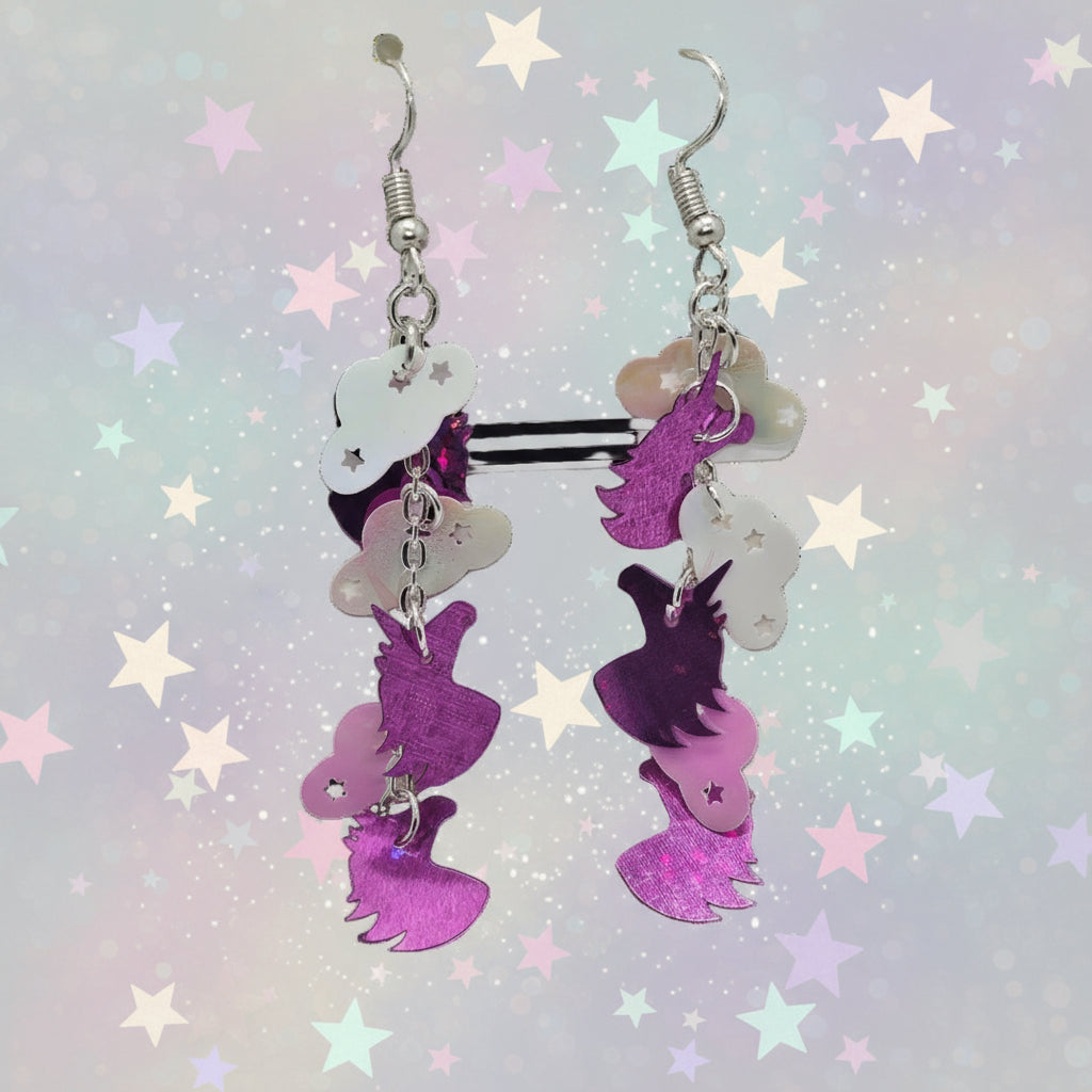 Unicorn and Cloud Dangle Earrings β Handmade Kawaii Jewelry with Sparkly Pink Unicorns & Iridescent Clouds