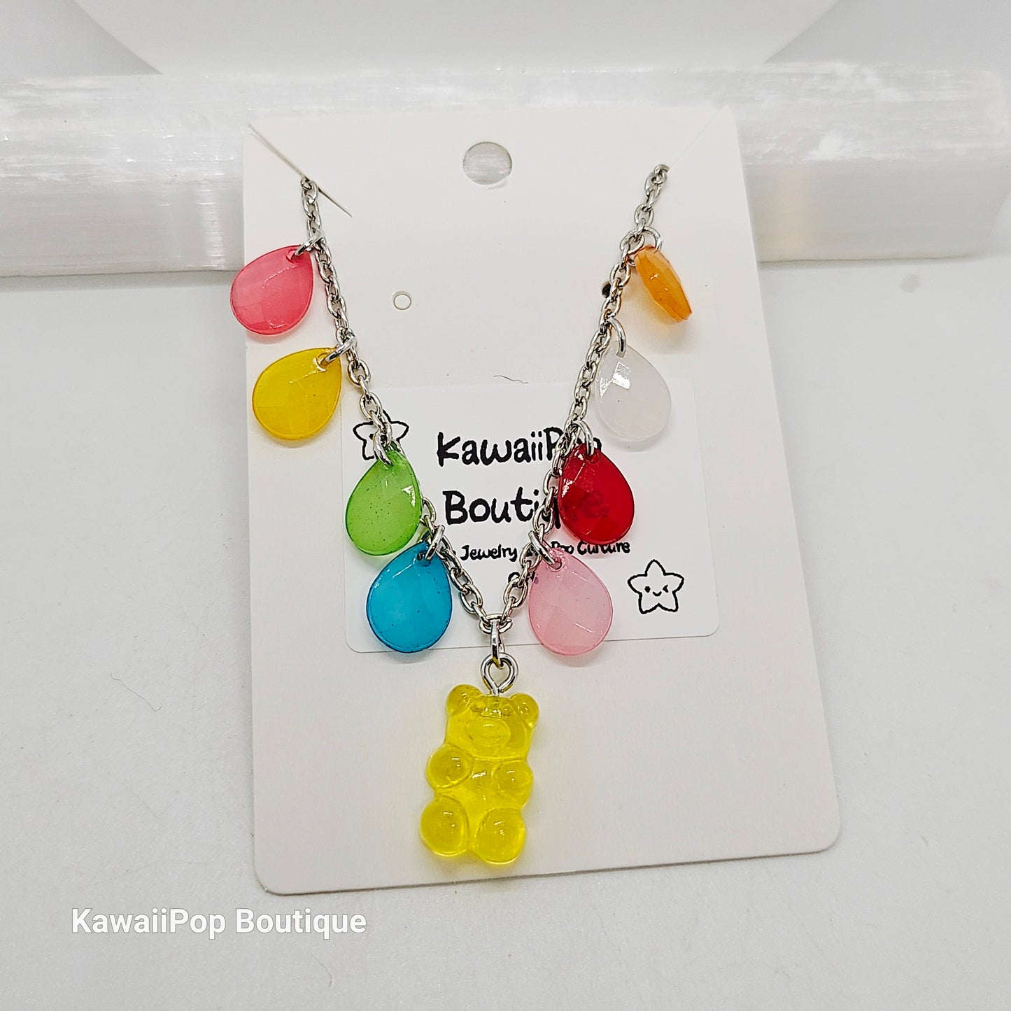 Rainbow Gummy Bear Charm Necklace - Colorful Teardrop Beads