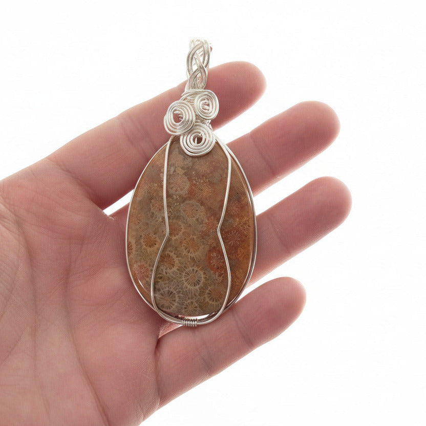 Handmade Coral Fossil Stone Pendant | Wire Wrapped Crystal Necklace | Natural Fossil Jewelry | Earthy Boho Gift