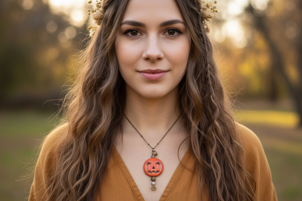 Halloween Jack-O’-Lantern Pendant with Beaded Accents | Autumn Jewelry Handmade