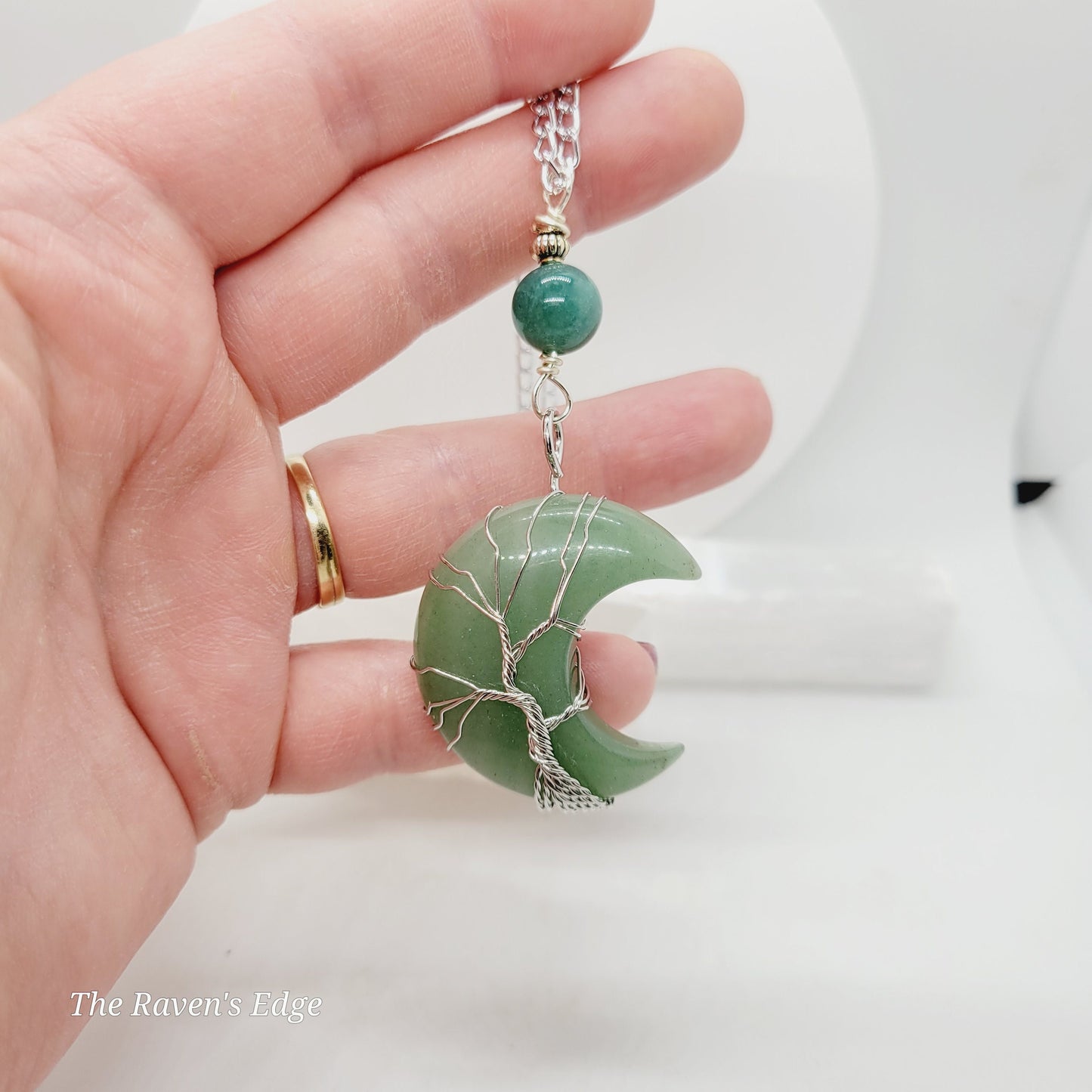 Handmade Tree of Life Necklace – Tiger’s Eye or Green Aventurine Moon Pendant | Wire Wrapped Crystal Jewelry | Grounding & Abundance