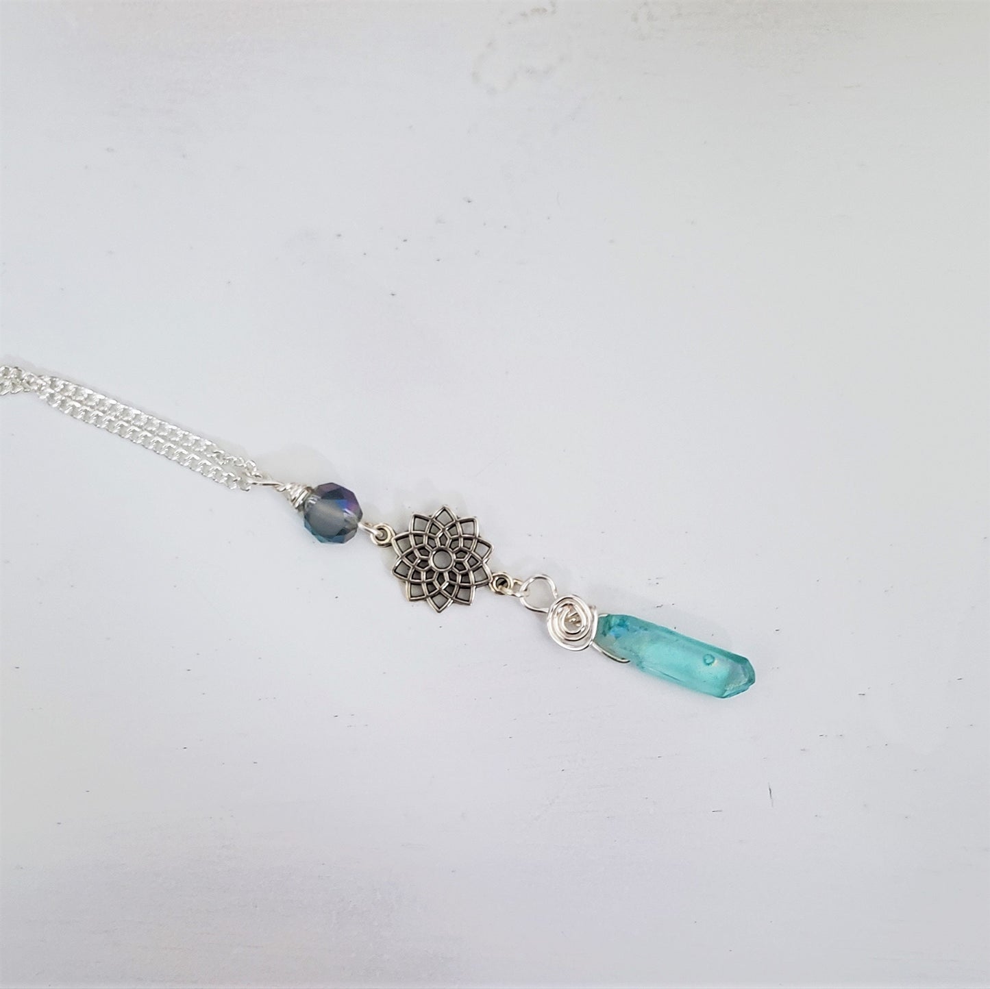 Handmade Green Blue Quartz Crystal Mandala Necklace Artisan Necklace
