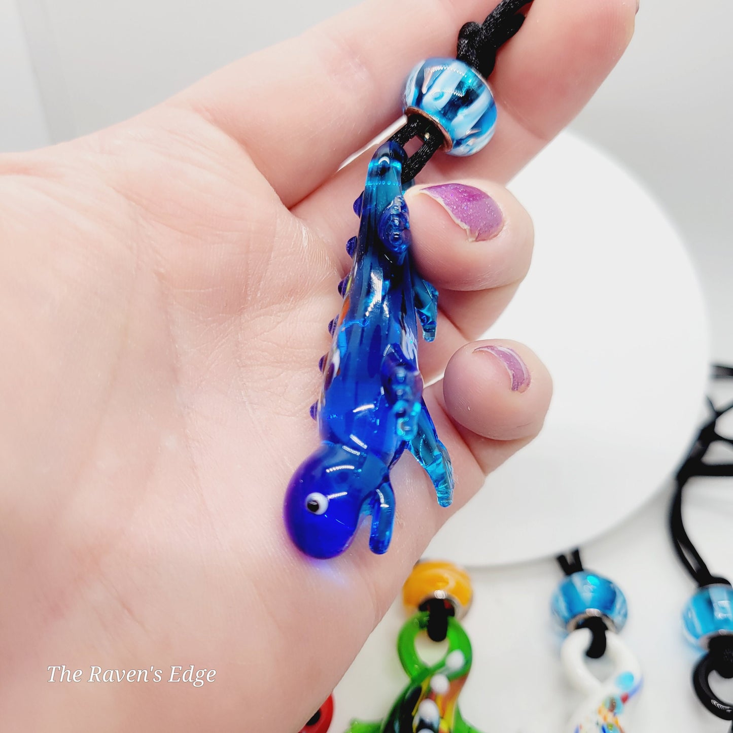 Handmade Blown Glass Salamander Necklace | Whimsical Colorful Lizard Pendant with Matching Glass Beads | Fun Art Glass Jewelry