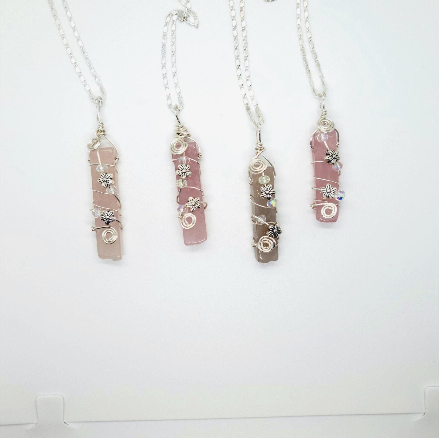 Rose Quartz Pendant – Wire Wrapped Necklace with Flower Charms