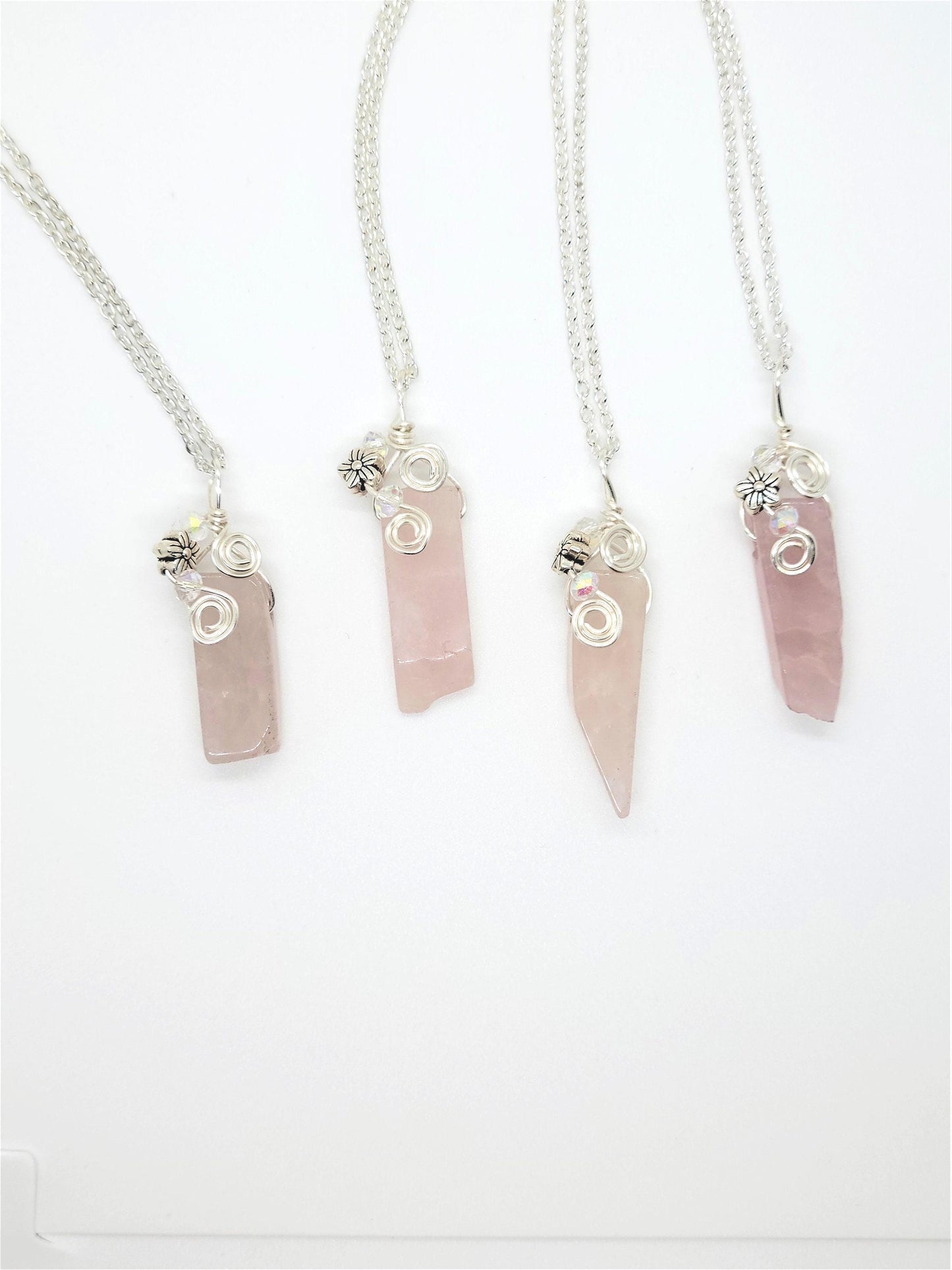 Rose Quartz Floral Pendant Necklace, Silver Necklace, Boho Necklace, Handmade Necklace Pink Stone, Natural Stone Necklace