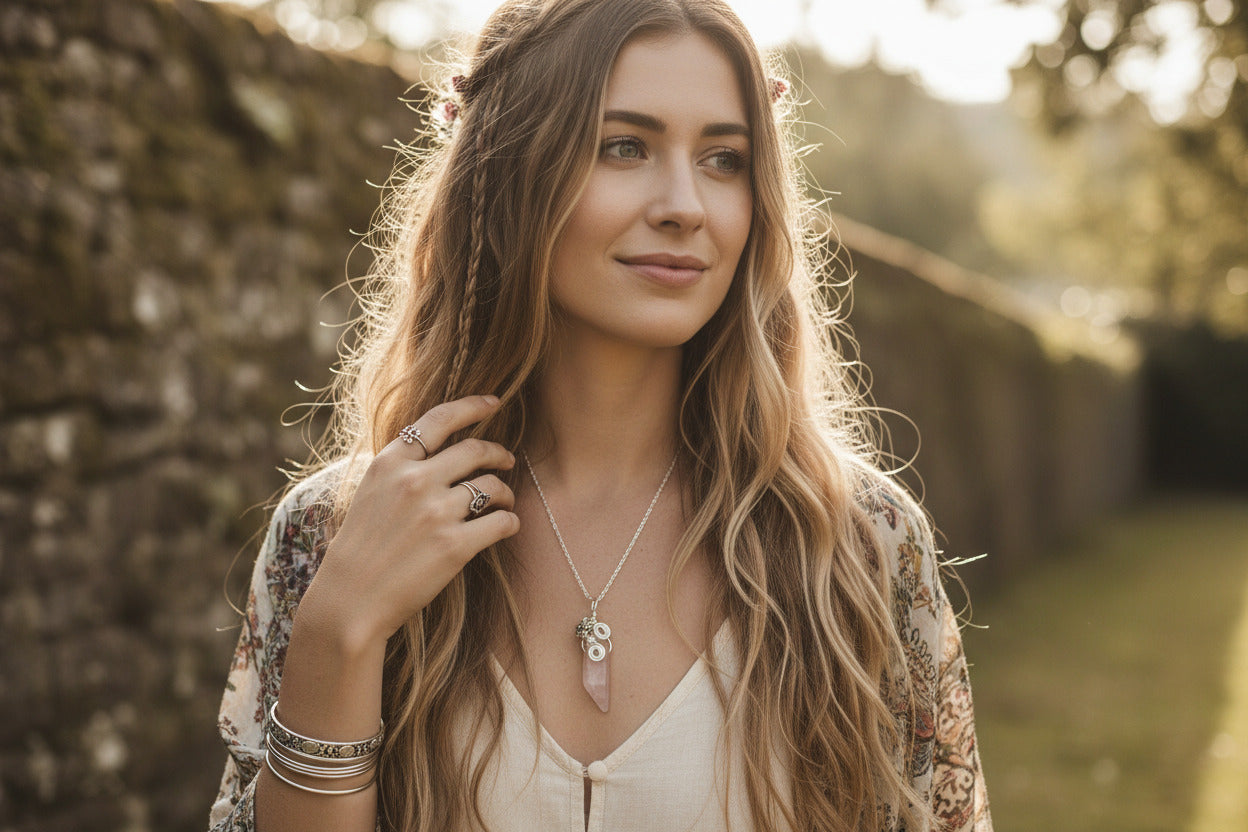 Rose Quartz Floral Pendant Necklace, Silver Necklace, Boho Necklace, Handmade Necklace Pink Stone, Natural Stone Necklace