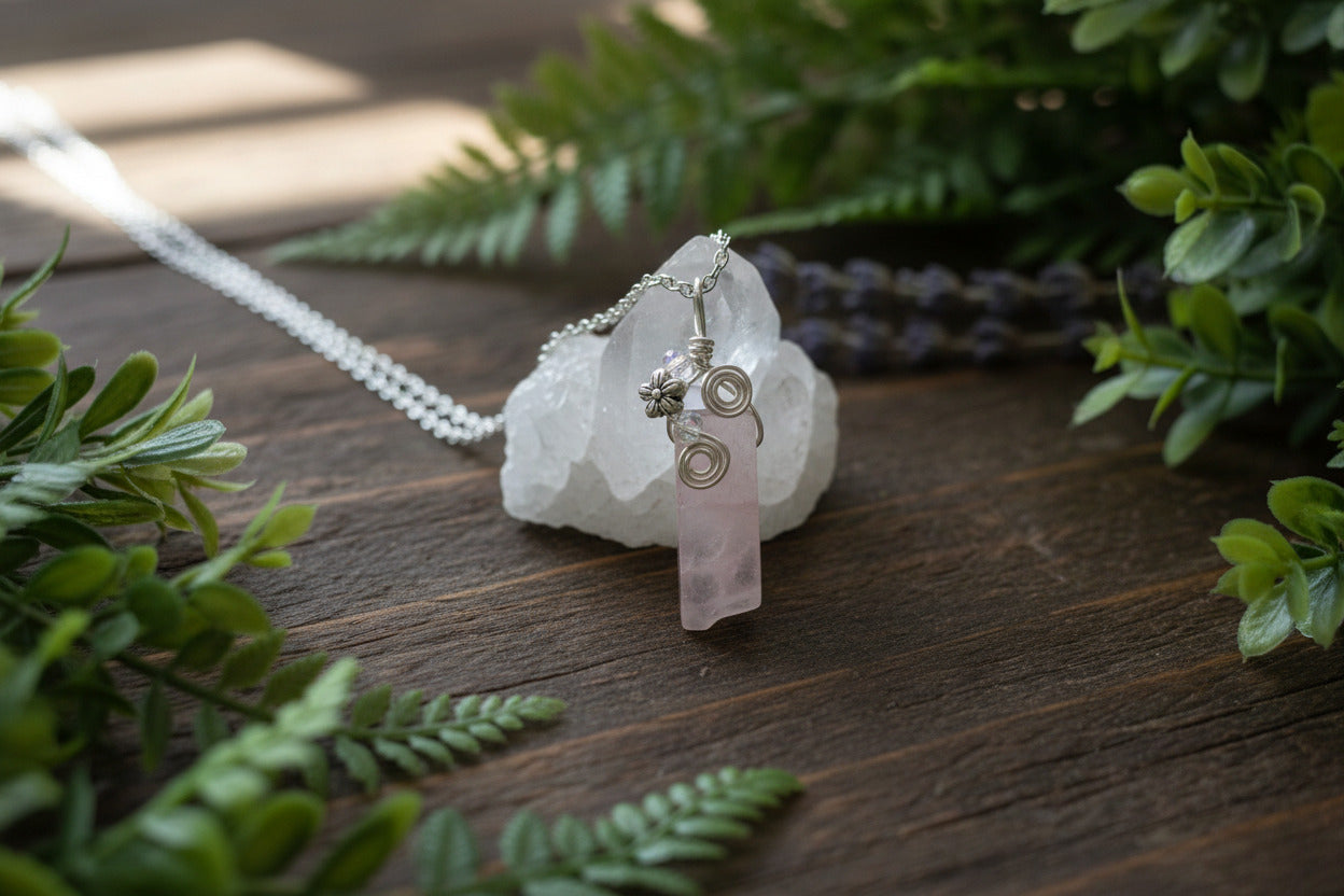 Rose Quartz Floral Pendant Necklace, Silver Necklace, Boho Necklace, Handmade Necklace Pink Stone, Natural Stone Necklace