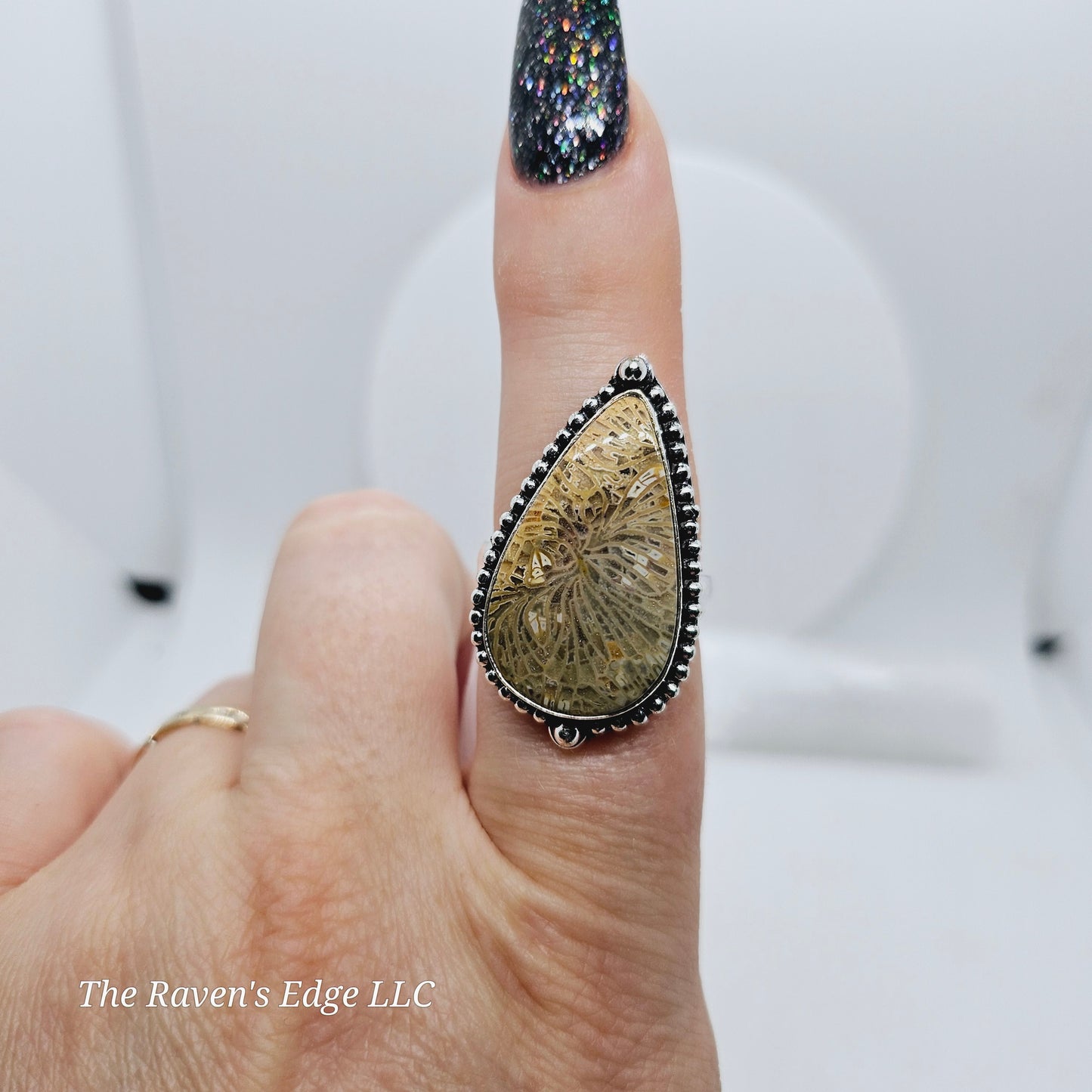 Fossil Stone Ring Silver Plated Sz 9