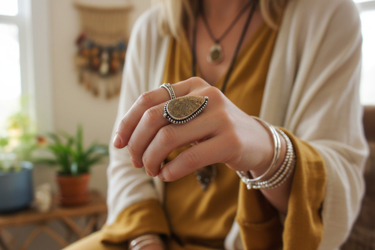 Fossil Stone Ring Silver Plated Sz 9
