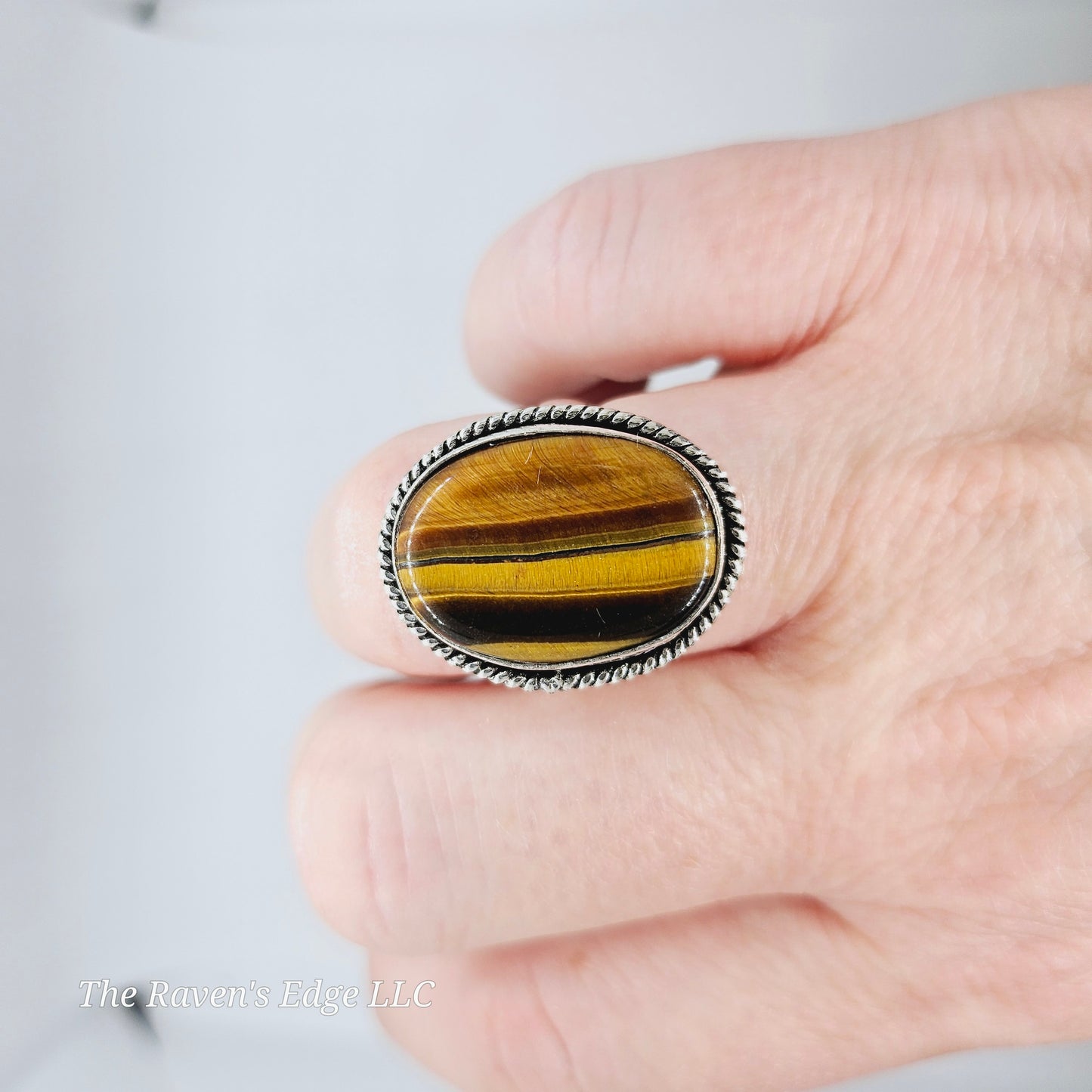 Stone Ring Tigers Eye Silver Plated Size 8