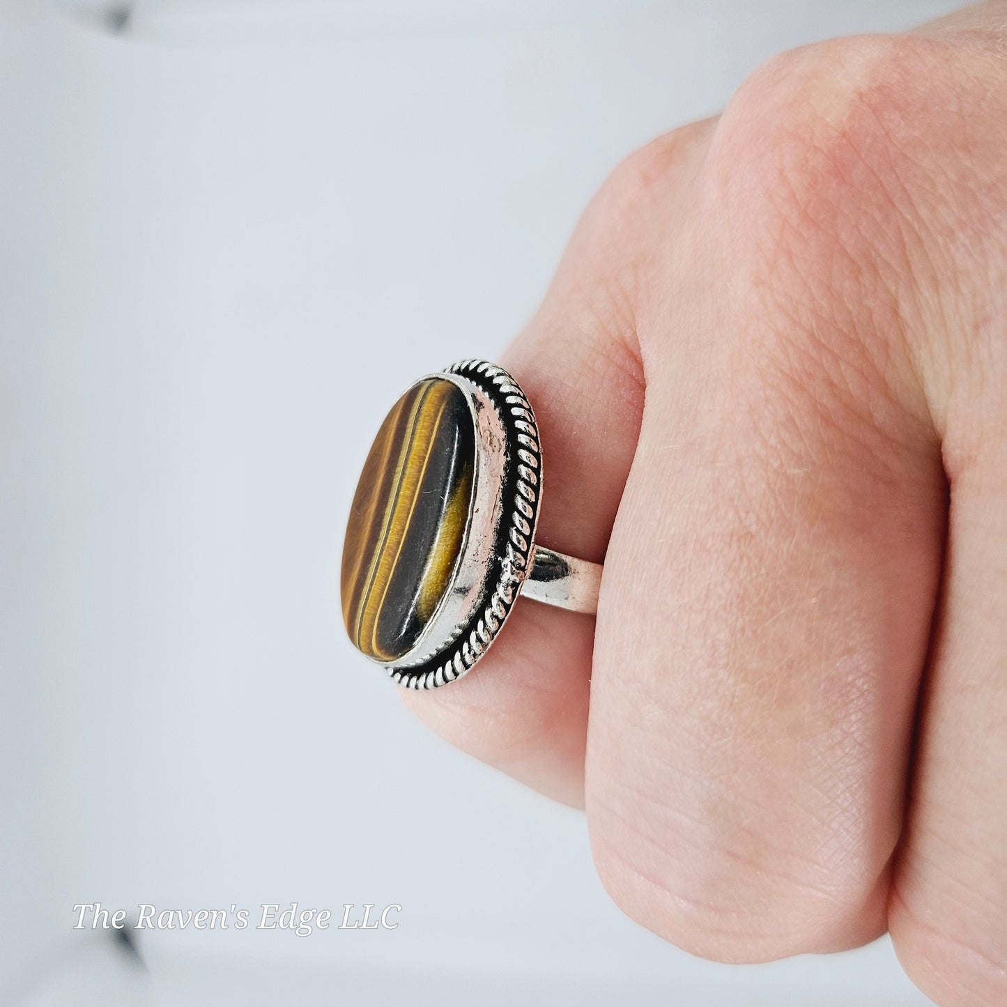 Stone Ring Tigers Eye Silver Plated Size 8