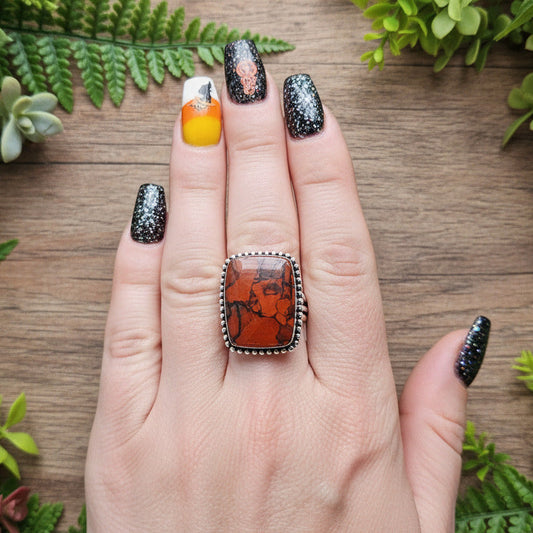 Stone Ring Red Jasper Silver Plated Size 8