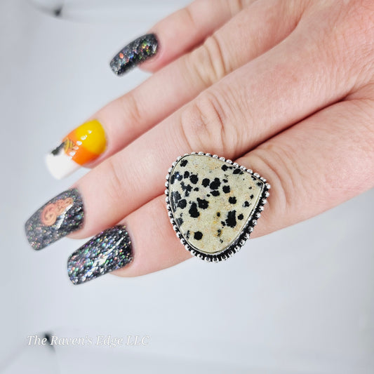 Dalmation Jasper Stone Ring Silver Plated Adjustable