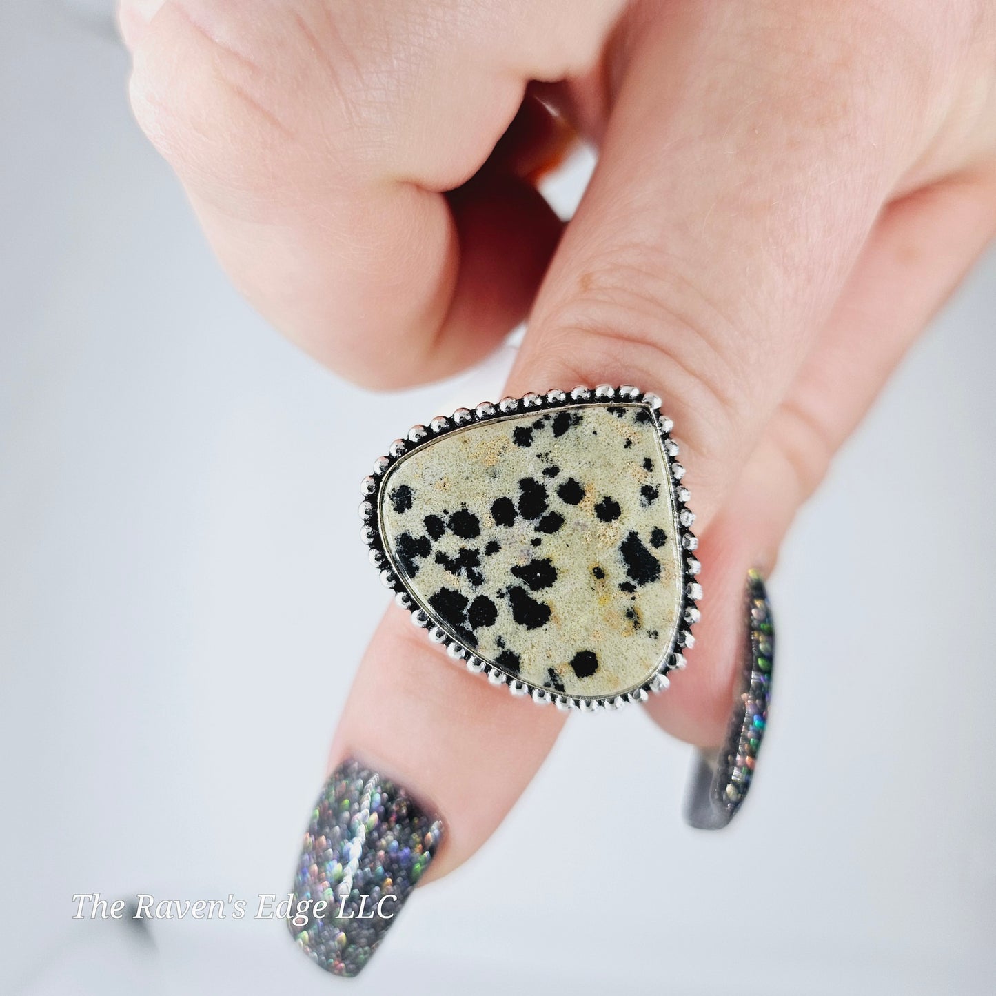 Dalmation Jasper Stone Ring Silver Plated Adjustable