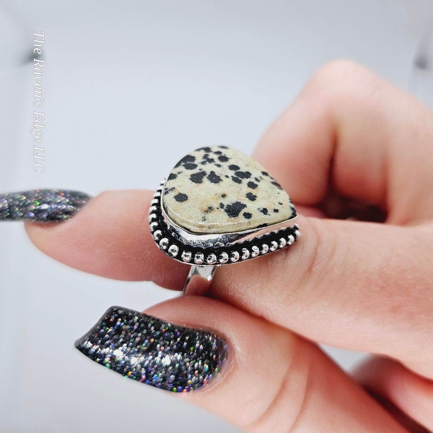 Dalmation Jasper Stone Ring Silver Plated Adjustable