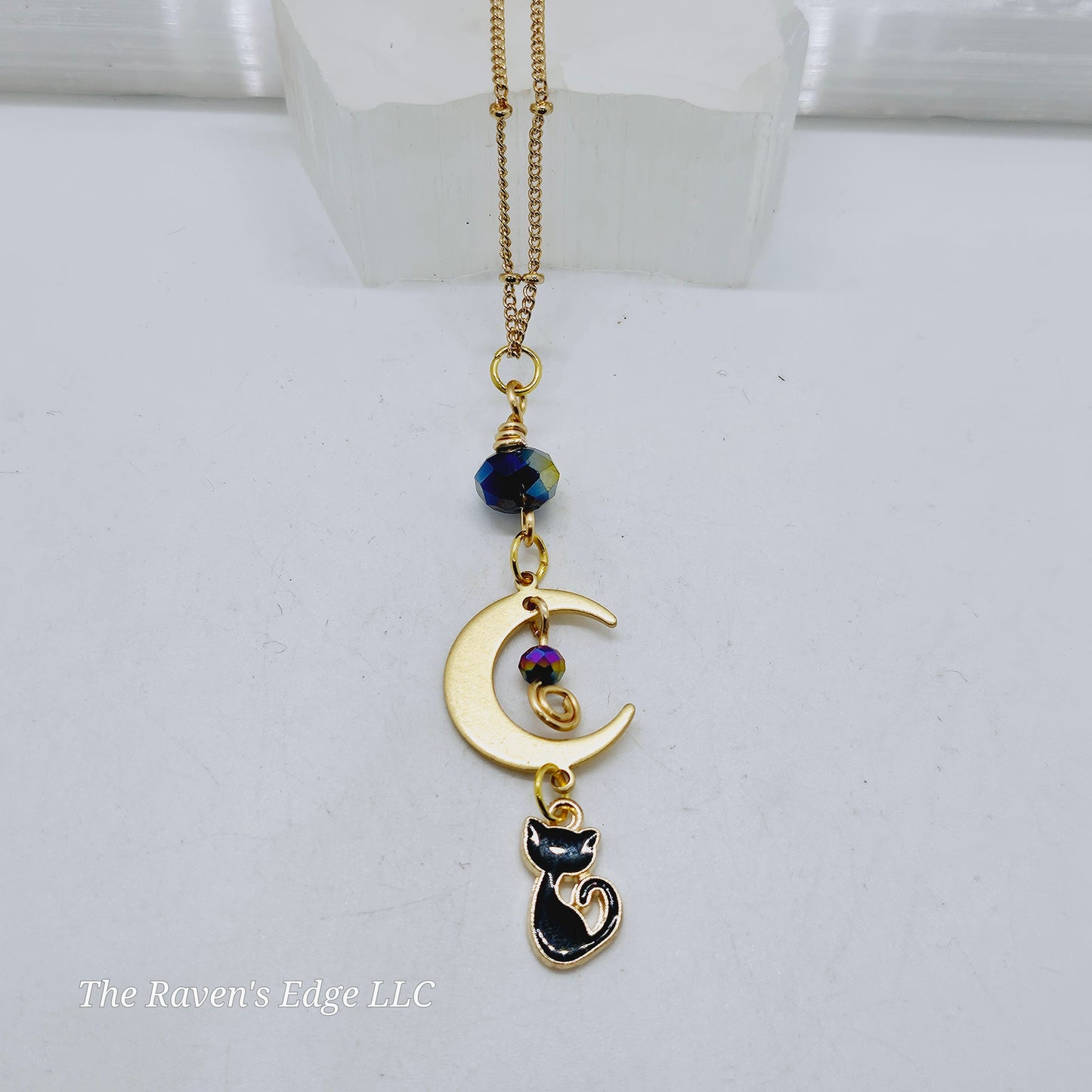 Black Cat and Moon Necklace Handmade