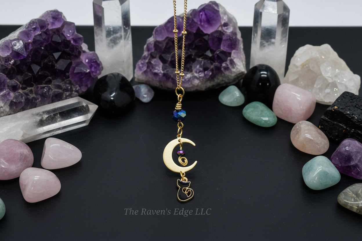Black Cat and Moon Necklace Handmade