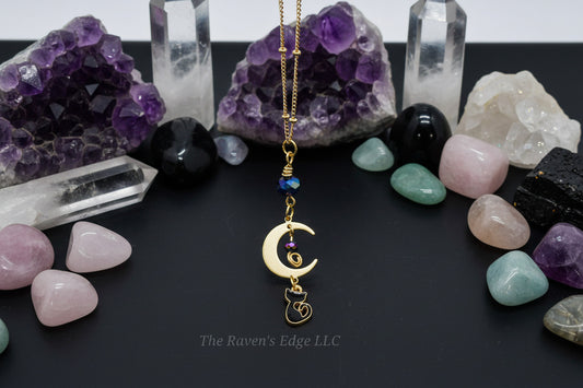 Black Cat and Moon Necklace Handmade