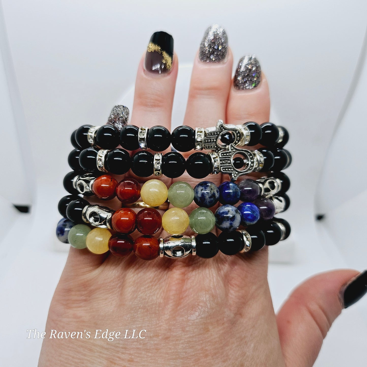 Obsidian Chakra Hamsa 8MM Beaded Bracelet