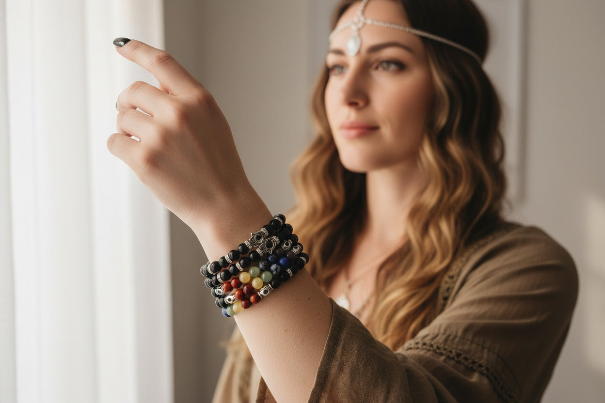 Obsidian Chakra Hamsa 8MM Beaded Bracelet