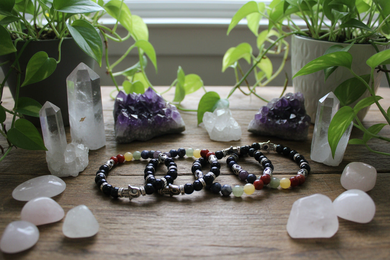 Obsidian Chakra Hamsa 8MM Beaded Bracelet