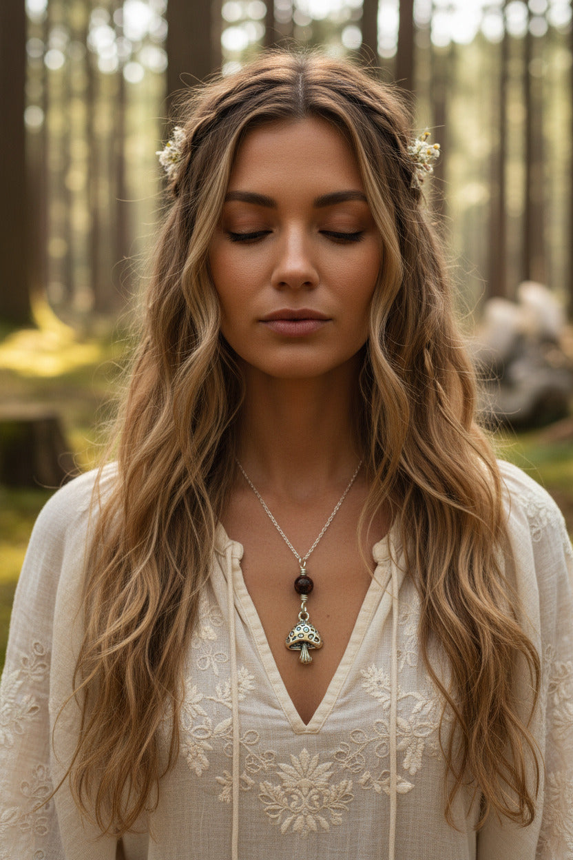 Mushroom necklace with unikite beads