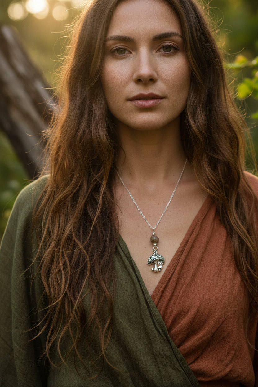 Mushroom and Ocean Jasper Necklace Handmade