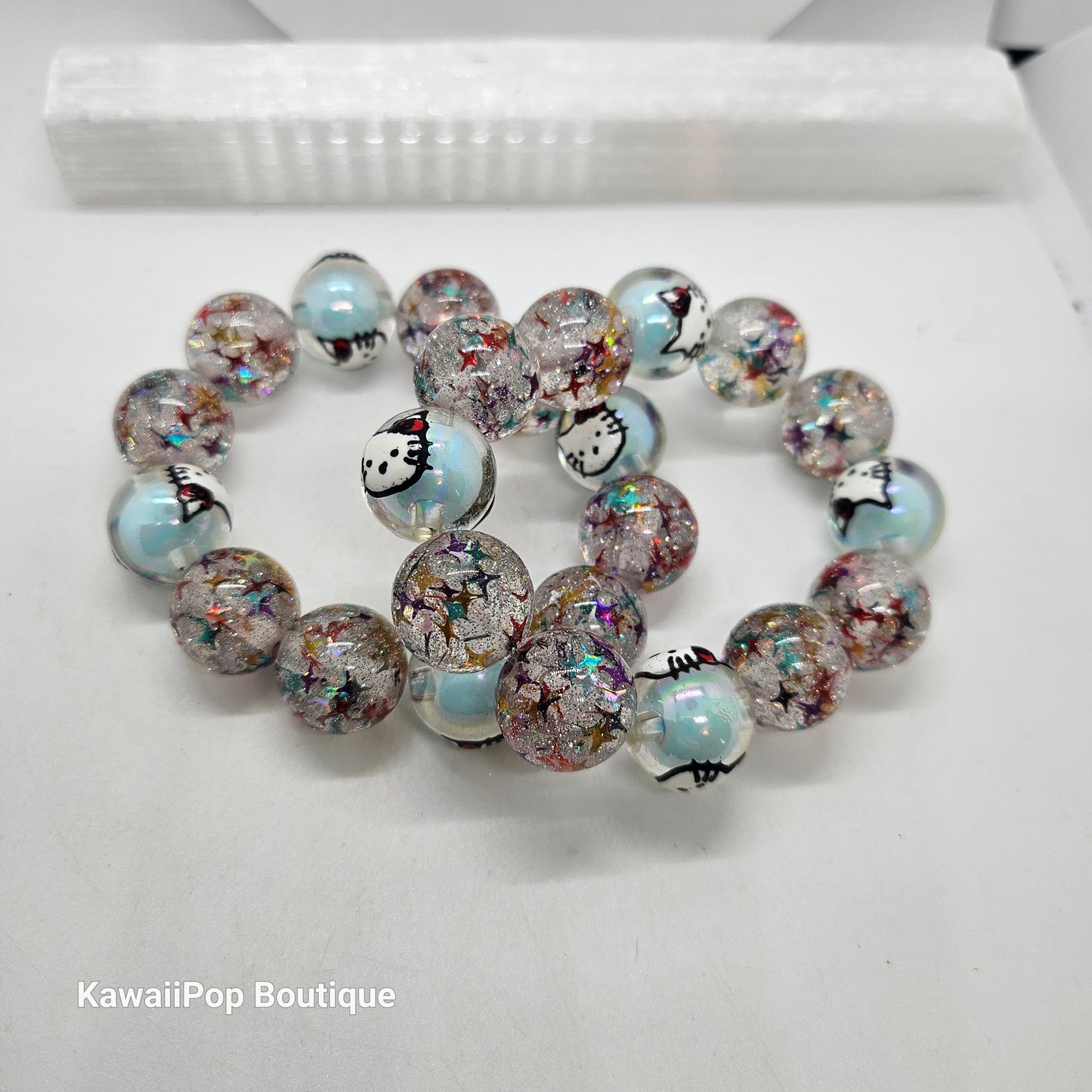 Glitter Galaxy Kitty Bracelet – Kawaii Confetti Bead Stretch Bracelet