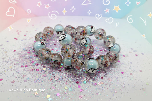 Glitter Galaxy Kitty Bracelet – Kawaii Confetti Bead Stretch Bracelet