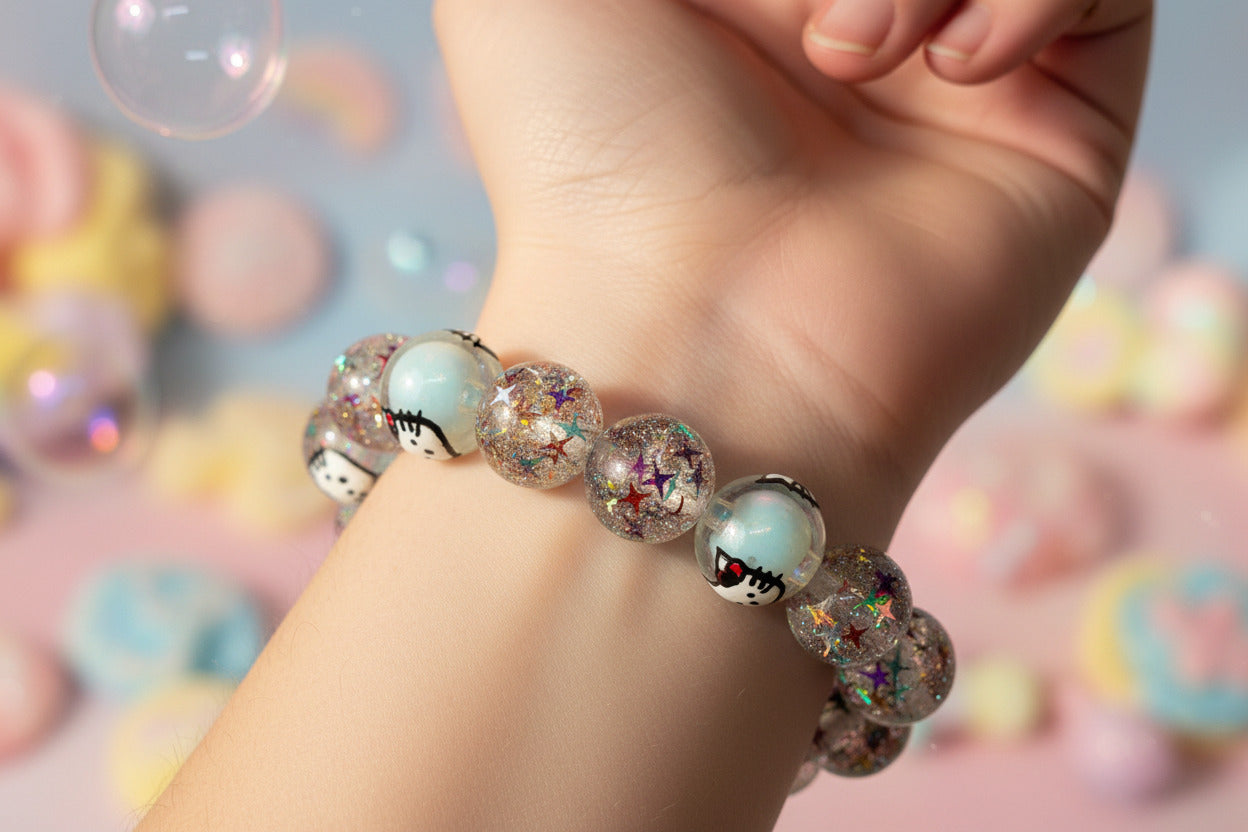 Glitter Galaxy Kitty Bracelet – Kawaii Confetti Bead Stretch Bracelet
