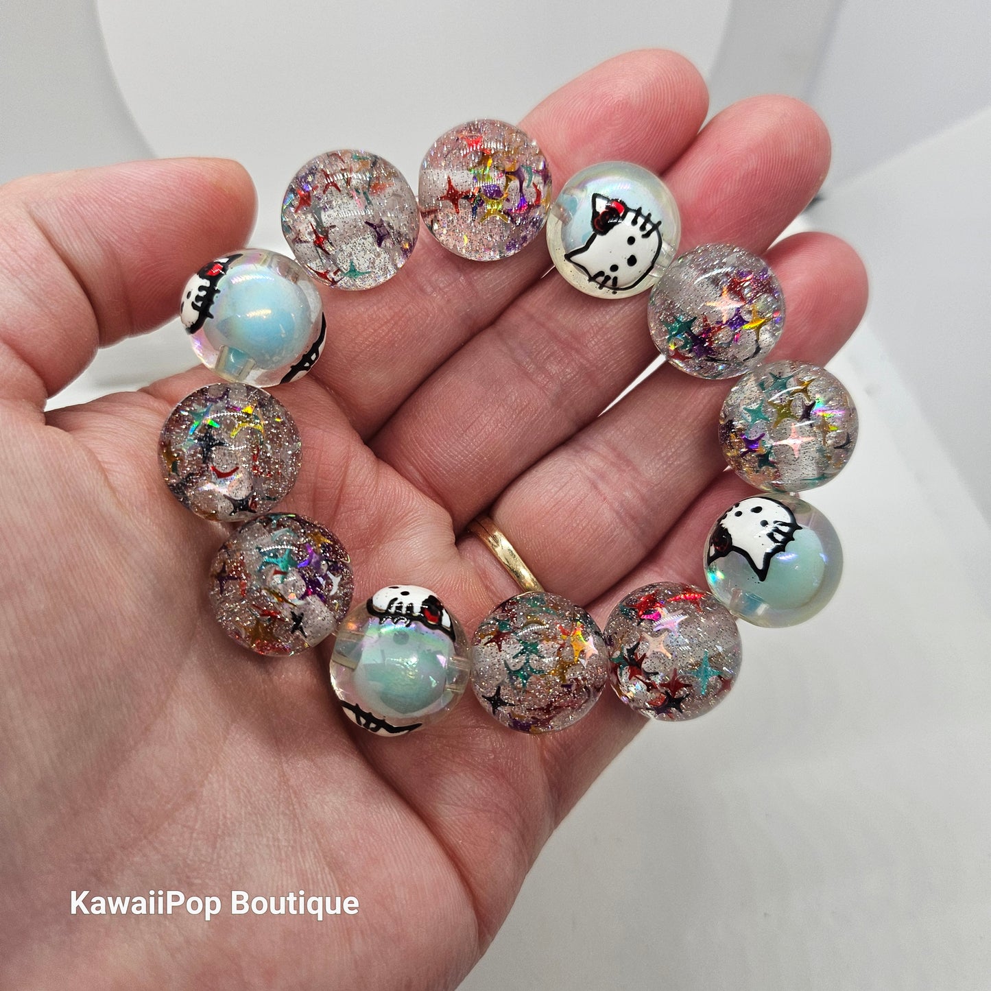 Glitter Galaxy Kitty Bracelet – Kawaii Confetti Bead Stretch Bracelet