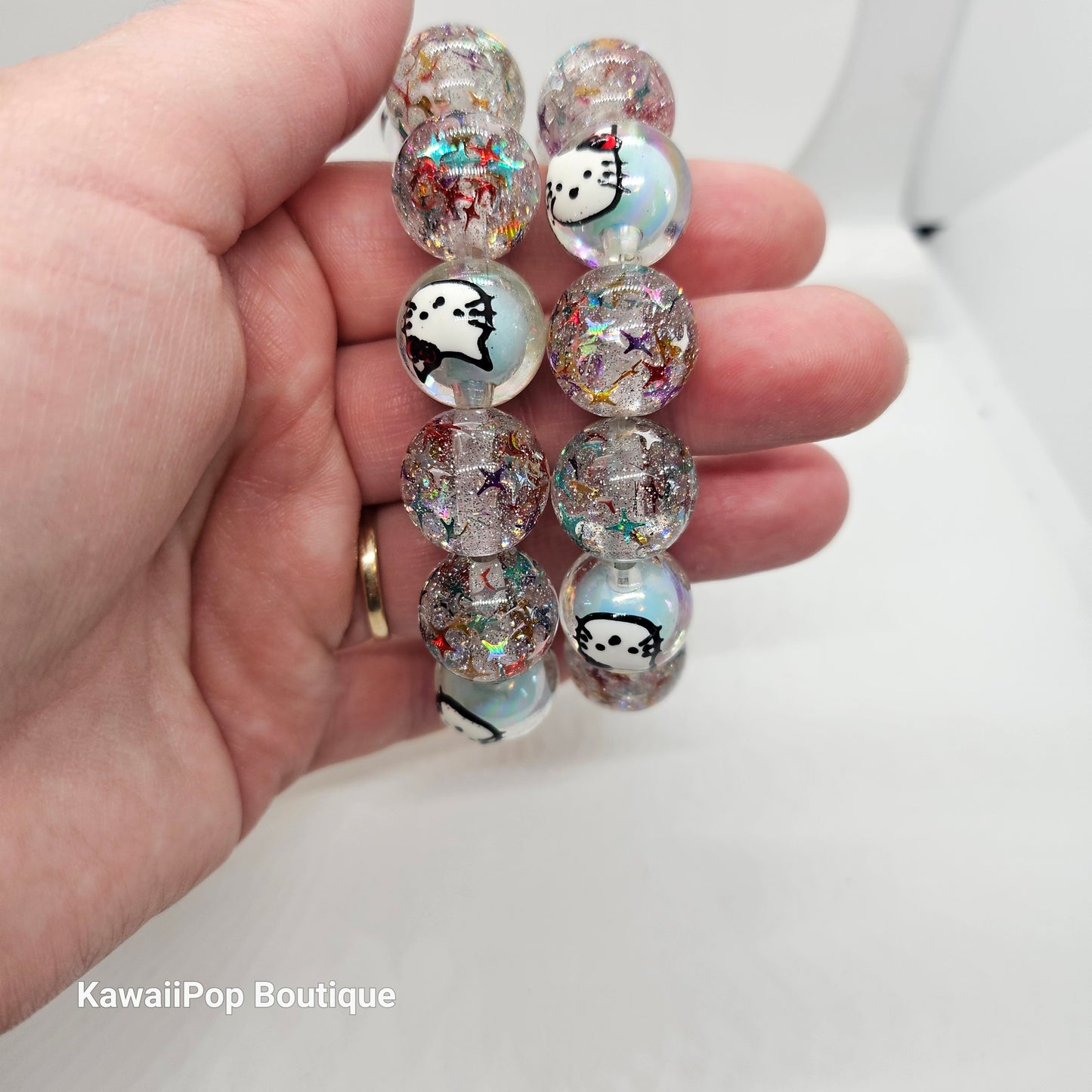Glitter Galaxy Kitty Bracelet – Kawaii Confetti Bead Stretch Bracelet