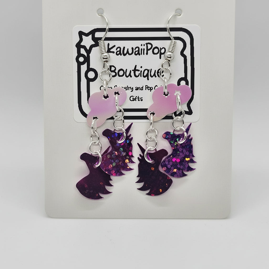 Unicorn and Cloud Dangle Earrings – Handmade Kawaii Jewelry with Sparkly Pink Unicorns & Iridescent Clouds – Magical Gift