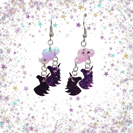 Unicorn and Cloud Dangle Earrings – Handmade Kawaii Jewelry with Sparkly Pink Unicorns & Iridescent Clouds – Magical Gift