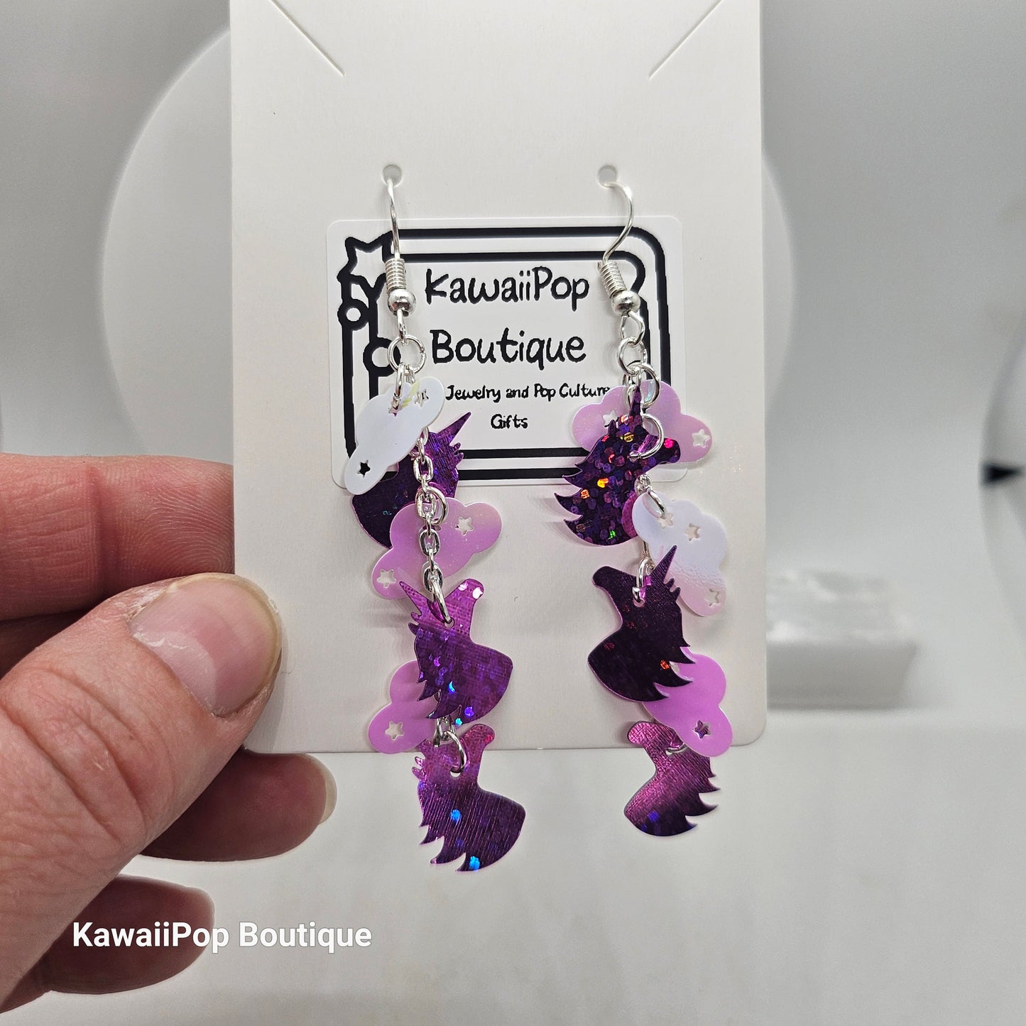 Unicorn and Cloud Dangle Earrings – Handmade Kawaii Jewelry with Sparkly Pink Unicorns & Iridescent Clouds