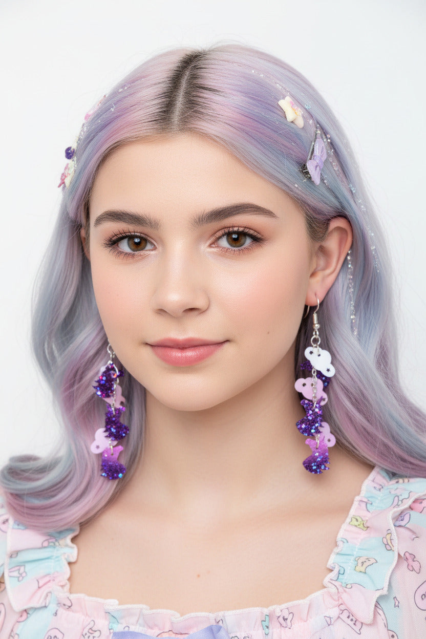 Unicorn and Cloud Dangle Earrings – Handmade Kawaii Jewelry with Sparkly Pink Unicorns & Iridescent Clouds