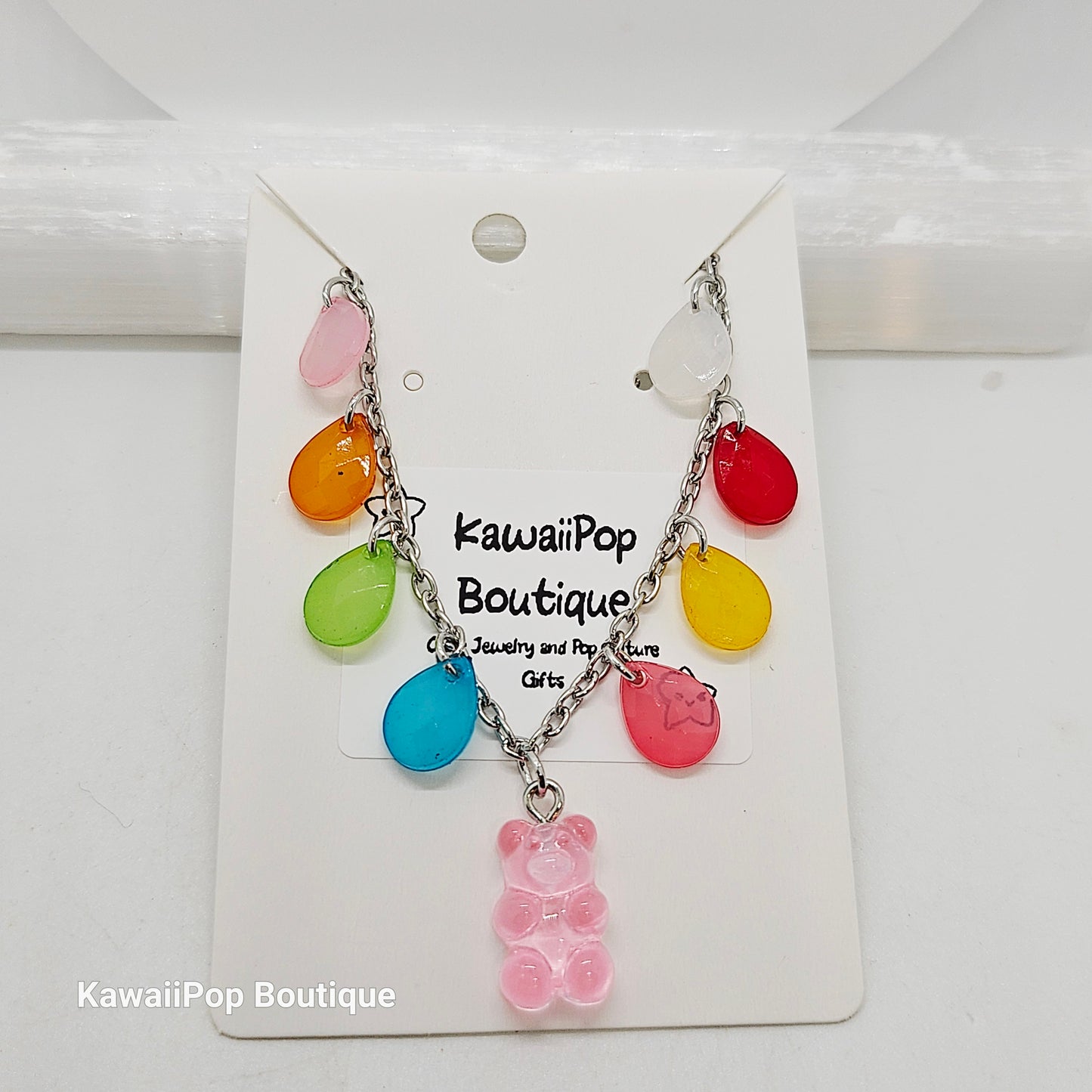 Rainbow Gummy Bear Charm Necklace - Colorful Teardrop Beads