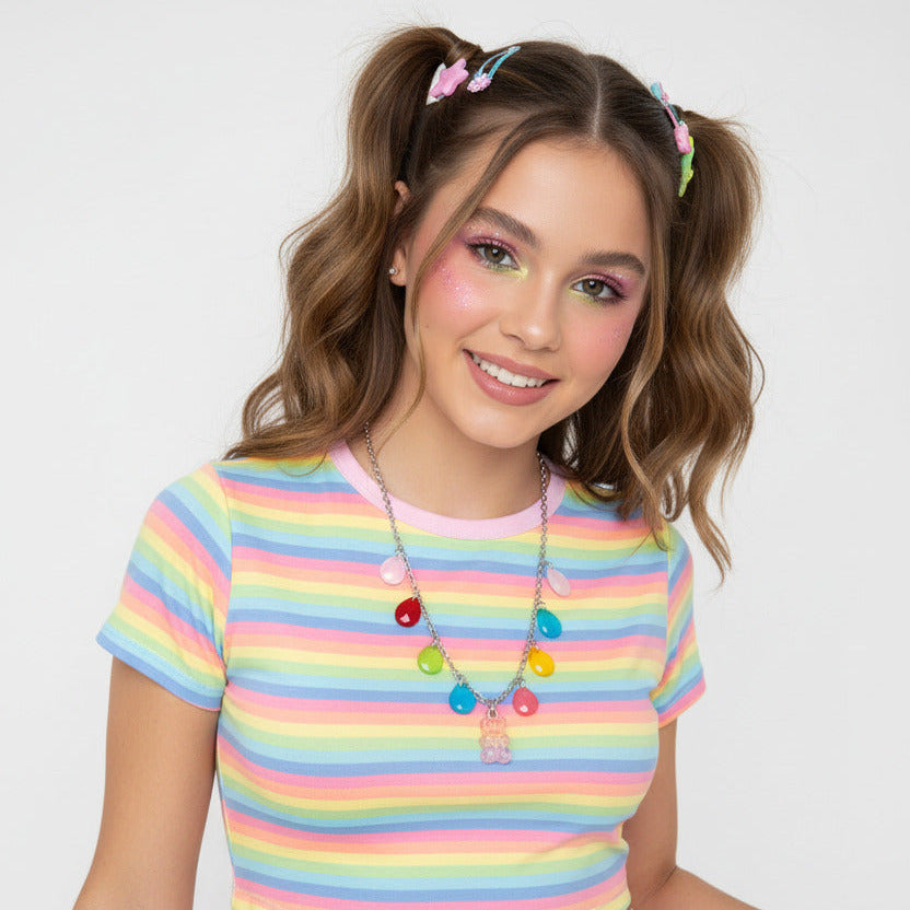Rainbow Gummy Bear Charm Necklace - Colorful Teardrop Beads