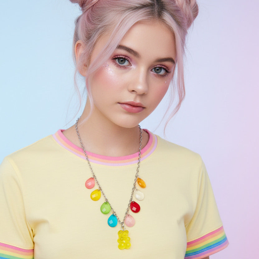 Rainbow Gummy Bear Charm Necklace - Colorful Teardrop Beads