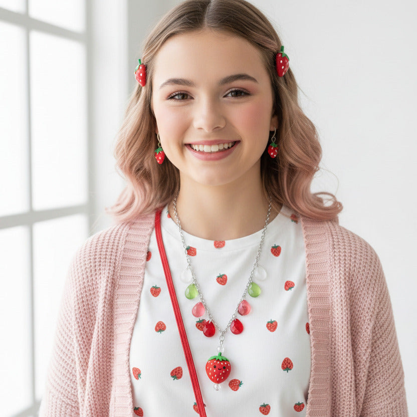 Kawaii Strawberry Charm Necklace - Ombre Chain