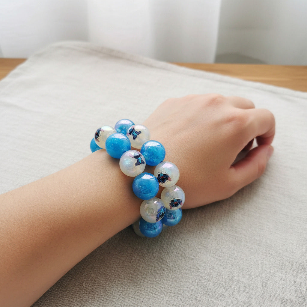 Handmade Kawaii Stitch Bracelet – Blue Chunky Beaded Kids Jewelry (Size 5–6)
