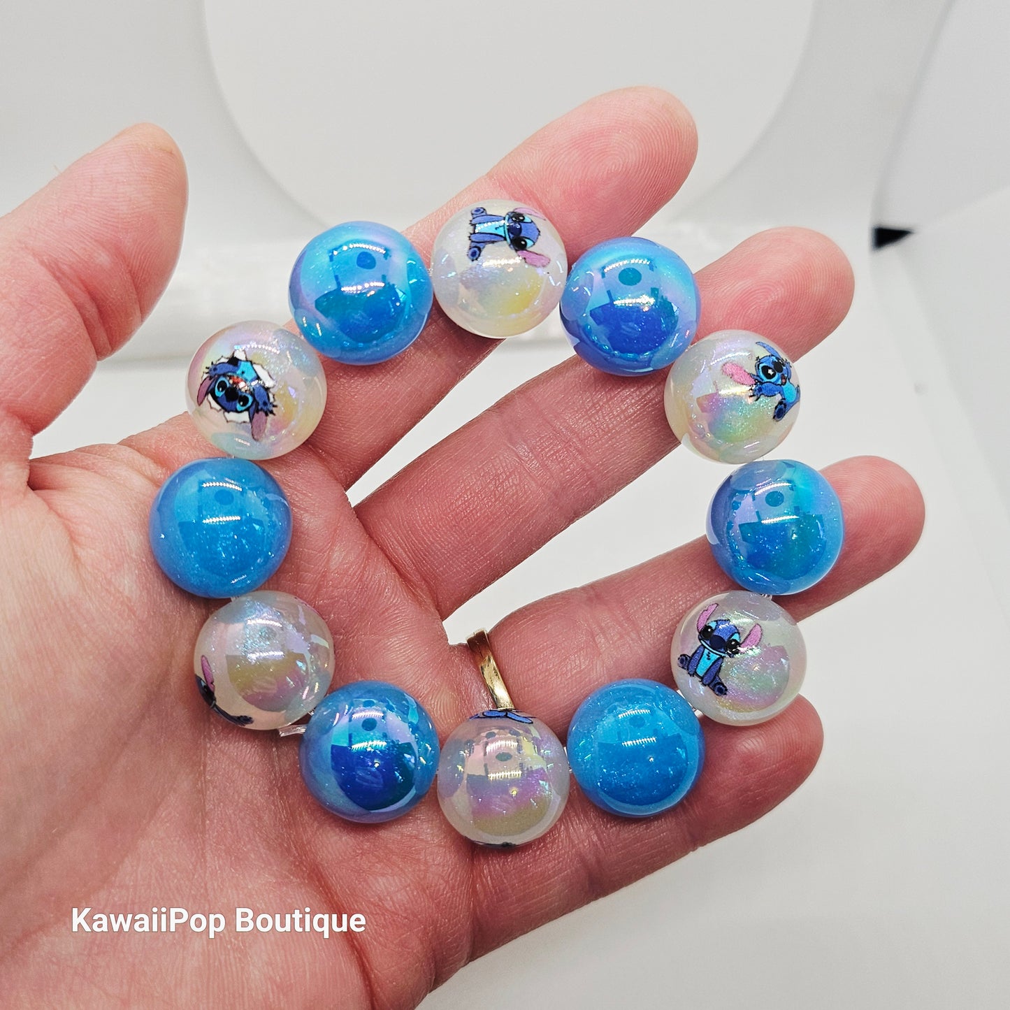 Handmade Kawaii Stitch Bracelet – Blue Chunky Beaded Kids Jewelry (Size 5–6)