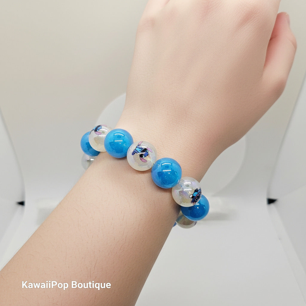 Handmade Kawaii Stitch Bracelet – Blue Chunky Beaded Kids Jewelry (Size 5–6)