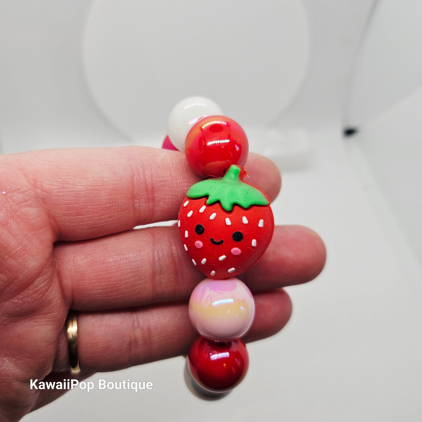Kawaii Strawberry Beaded Bracelet - Handmade Stretch Bracelet