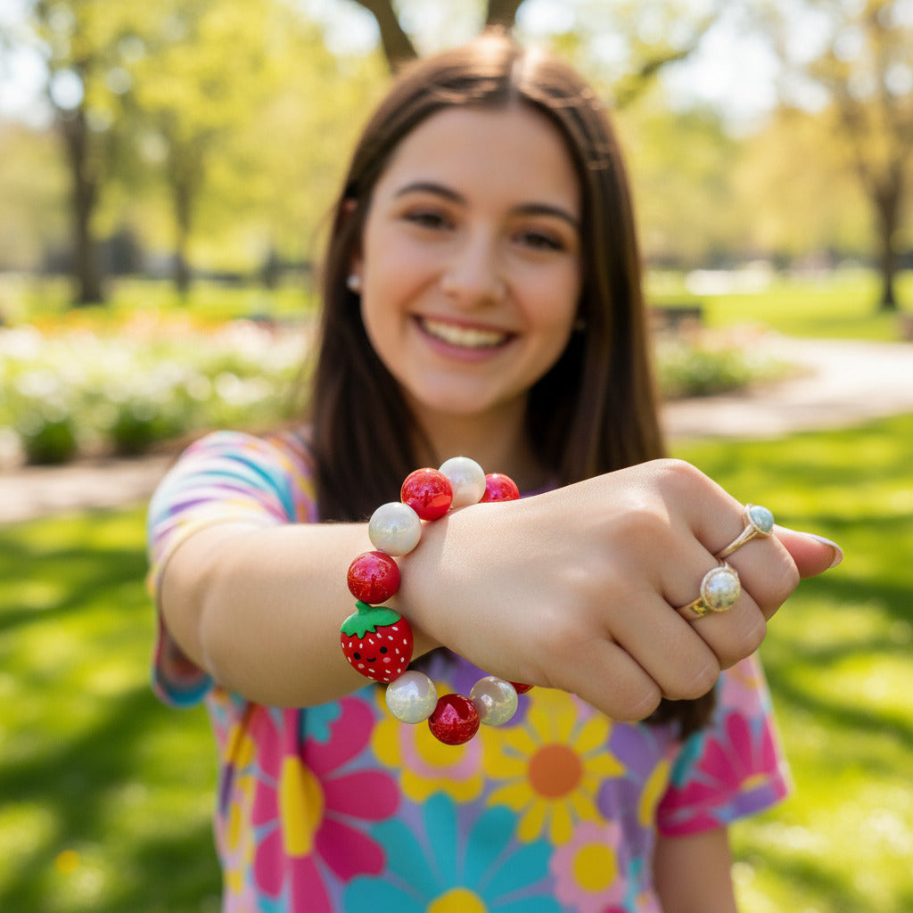 Kawaii Strawberry Beaded Bracelet - Handmade Stretch Bracelet