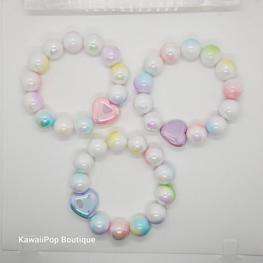 Handmade Pastel Pearl Bracelet – Iridescent Heart Charm, Kawaii Cute-Core